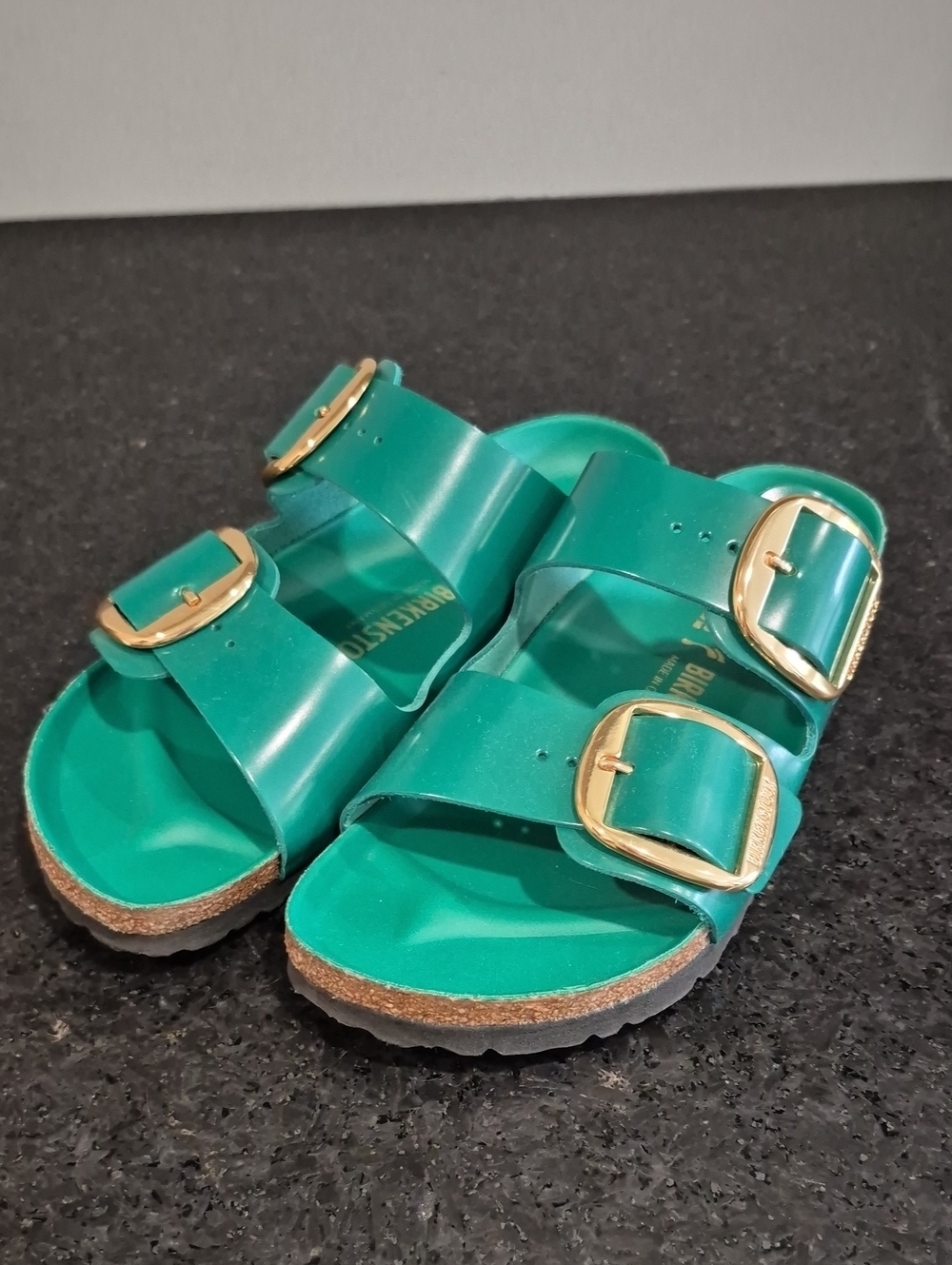 Birkenstock Teal Double Buckle Slide Sandals with Gold Buckles